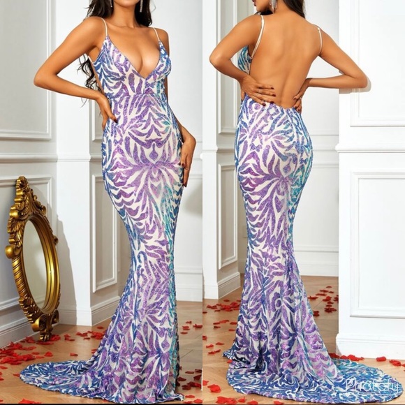 Luxurious Sequins Mermaid Low Backless Prom Evening Party Formal Gown Maxi Dress - Picture 2 of 9
